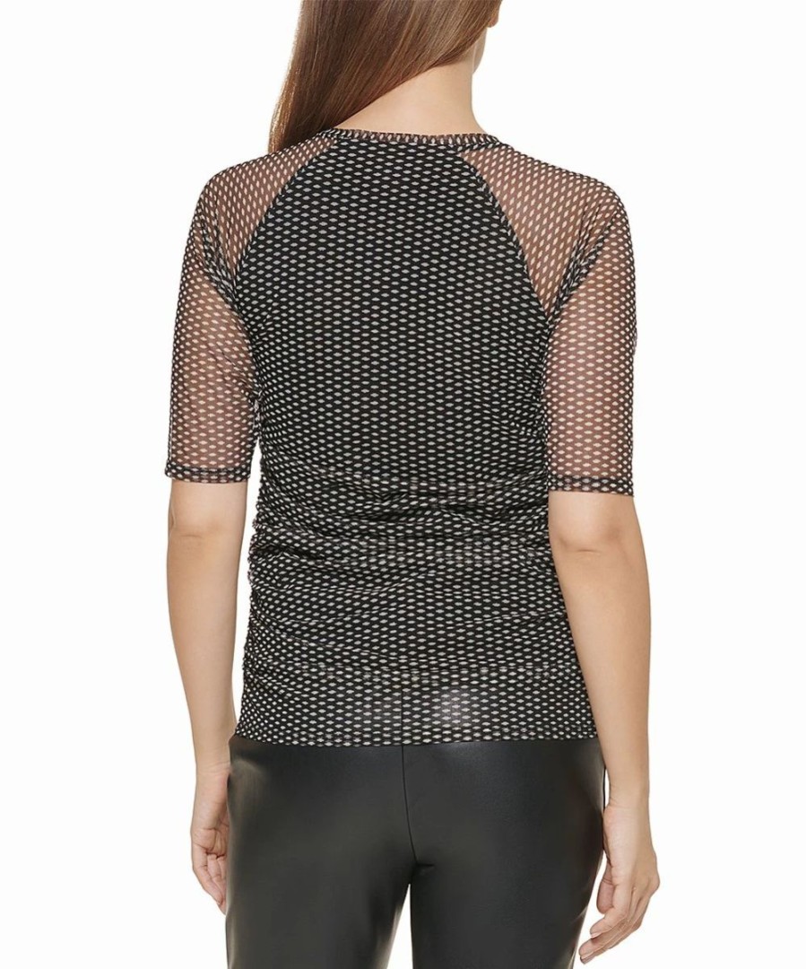 Clothing | * Deals Dkny Black & Ivory Polka Dot Mesh-Sleeve Ruched V-Neck Top Women