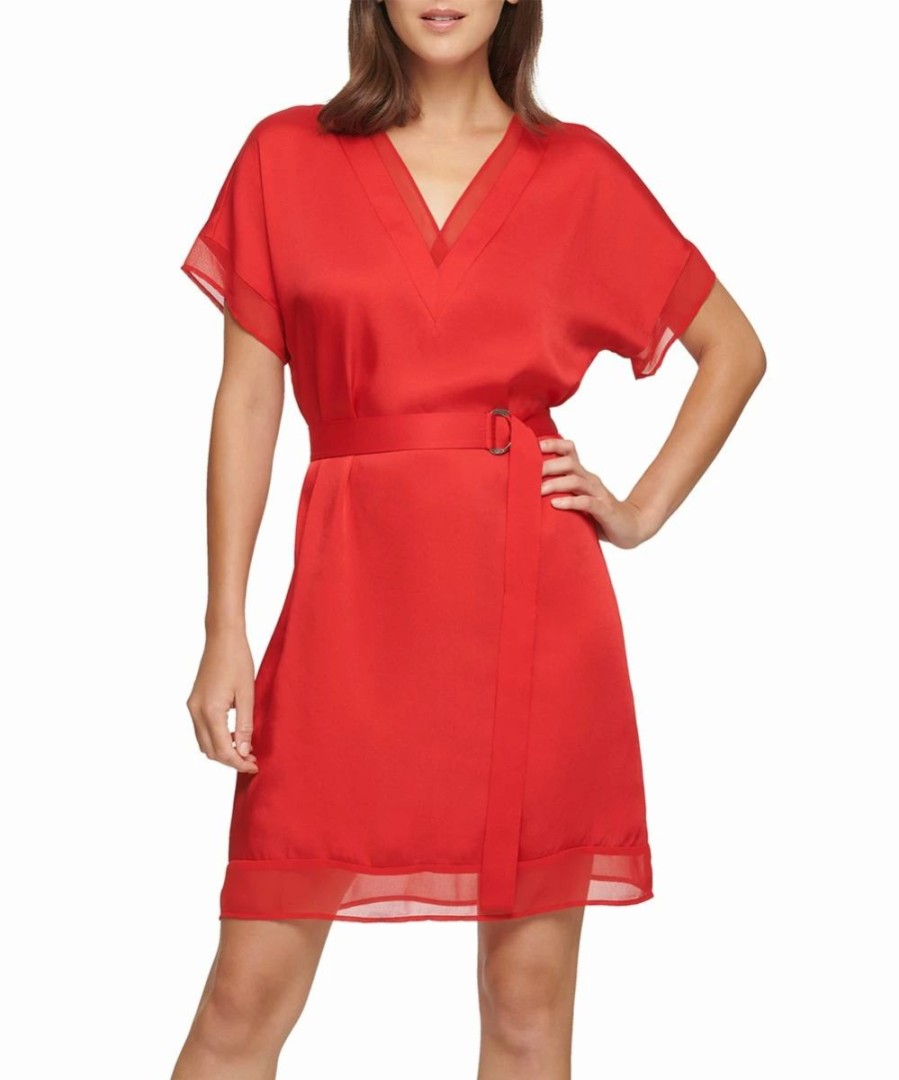 Clothing | * Buy Dkny Red Alert Overlay V-Neck Belted Shift Dress Women