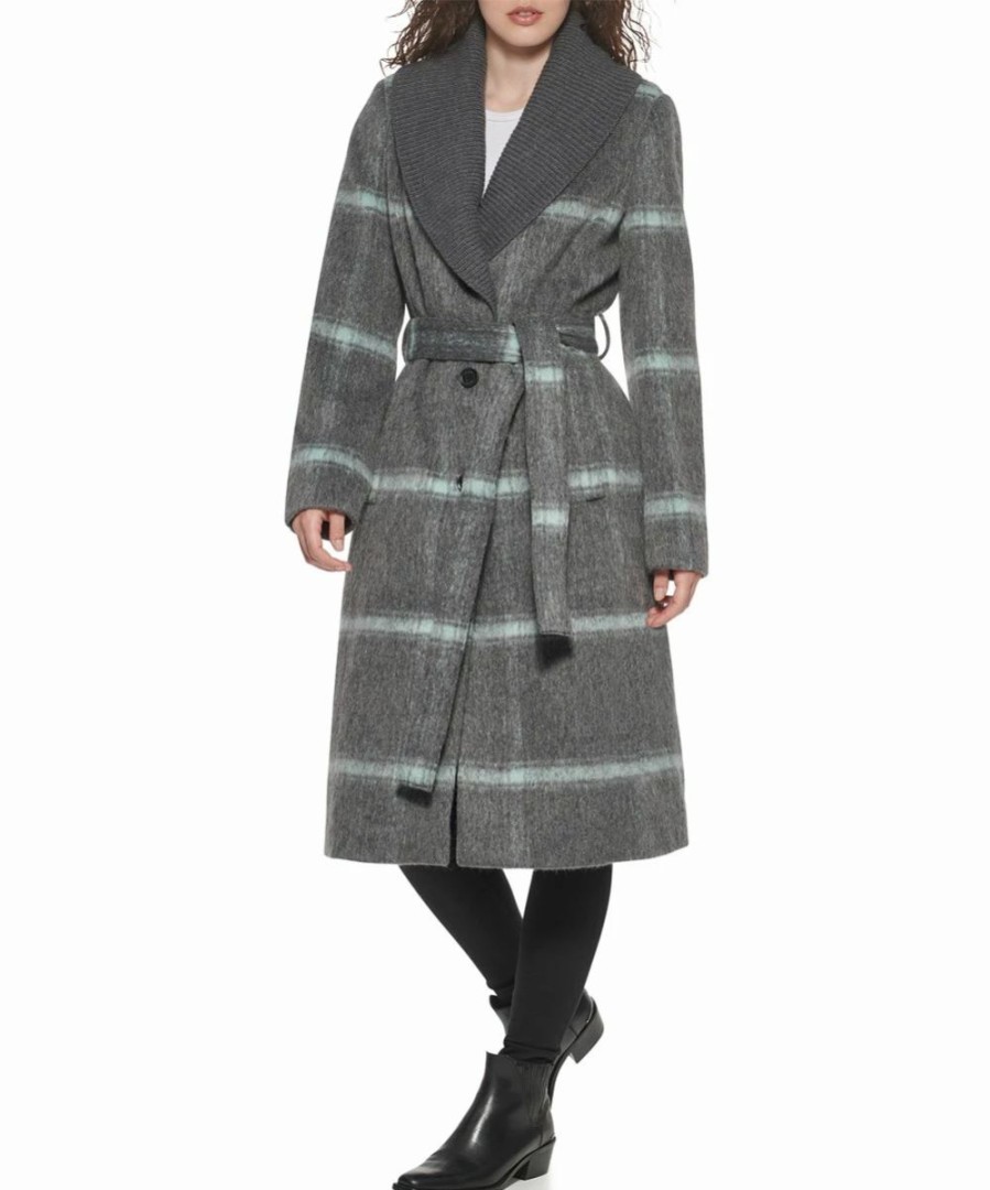 Clothing | * Best Deal Dkny Charcoal & Cream Plaid Wool-Blend Trench Coat Women & Juniors