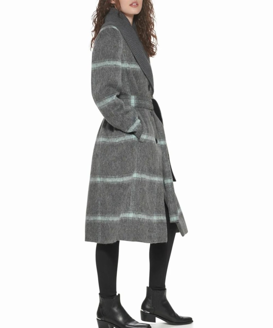 Clothing | * Best Deal Dkny Charcoal & Cream Plaid Wool-Blend Trench Coat Women & Juniors