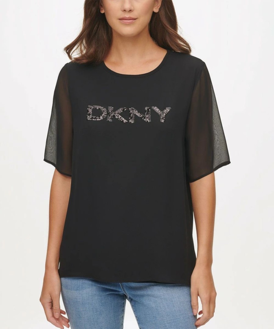 Clothing | * Wholesale Dkny Black Sheer-Overlay Sequin Logo Crewneck Tee Women