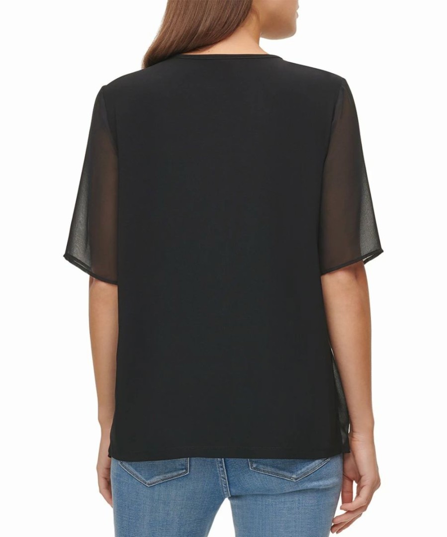 Clothing | * Wholesale Dkny Black Sheer-Overlay Sequin Logo Crewneck Tee Women