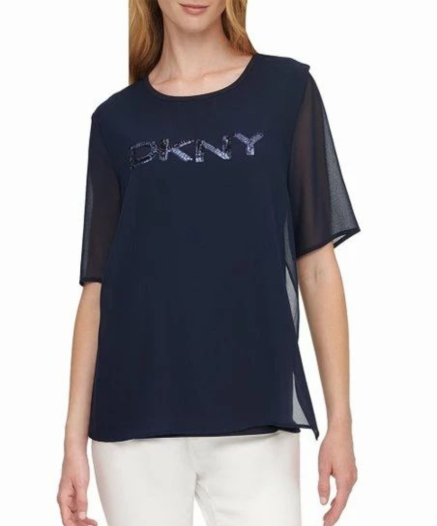 Clothing | * Coupon Dkny New Navy Sheer-Overlay Sequin Logo Crewneck Top Women