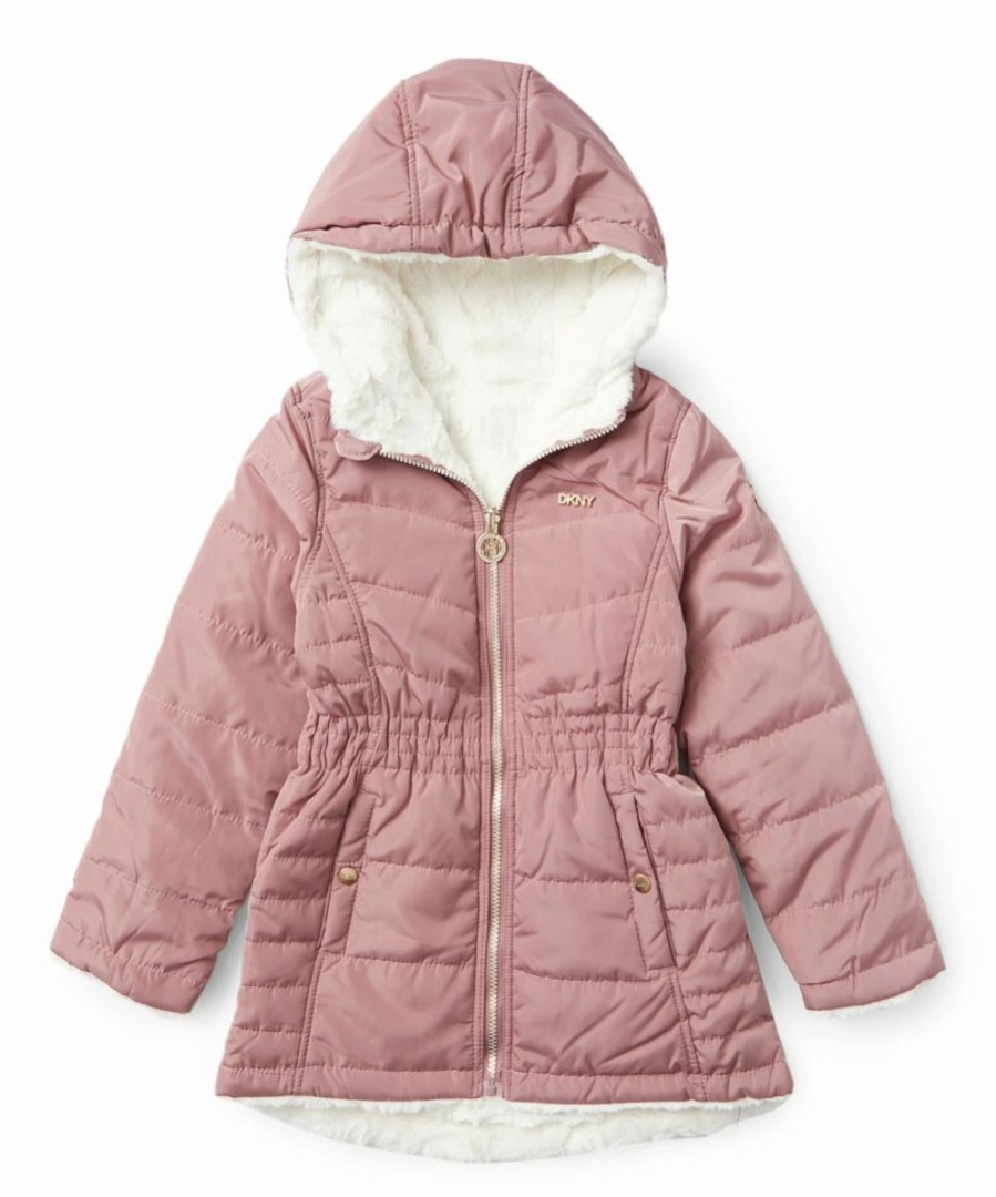 Clothing | * Coupon Dkny Dark Dusty Rose & Cream Reversible Puffy Jacket Girls For Kids