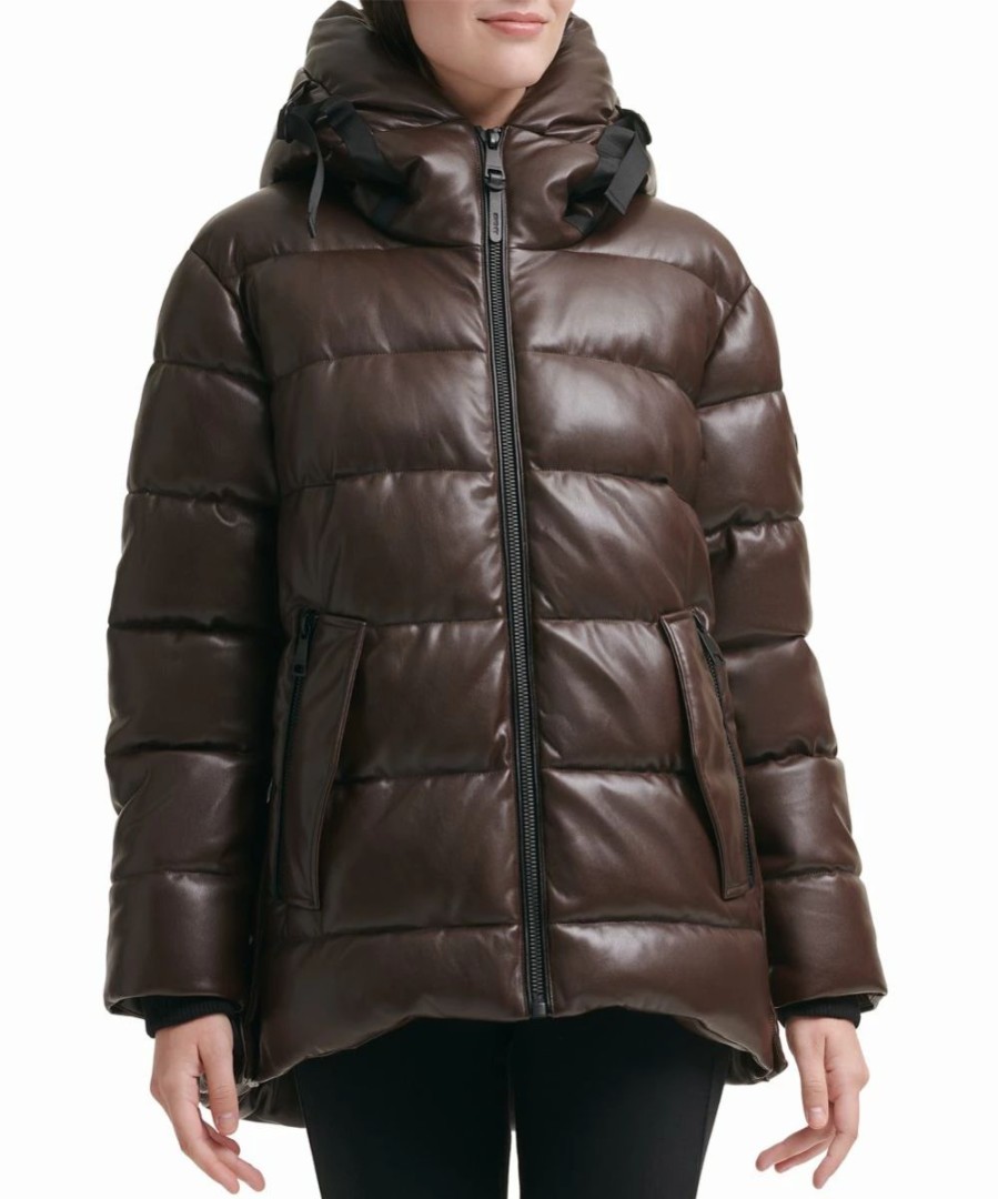 Clothing | * Cheapest Dkny Dark Brown Hooded Zip-Up Puffer Coat Women & Juniors