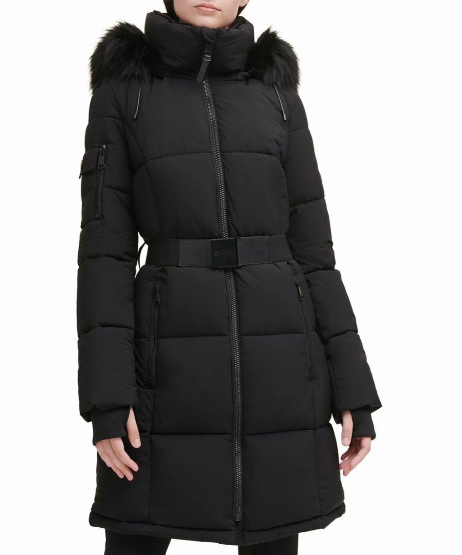 Clothing | * Wholesale Dkny Black Zip-Front Belted Puffer Coat Women & Juniors