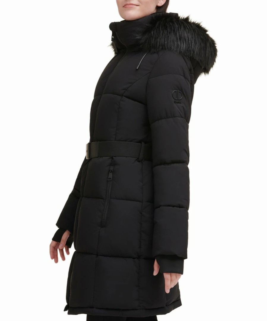 Clothing | * Wholesale Dkny Black Zip-Front Belted Puffer Coat Women & Juniors