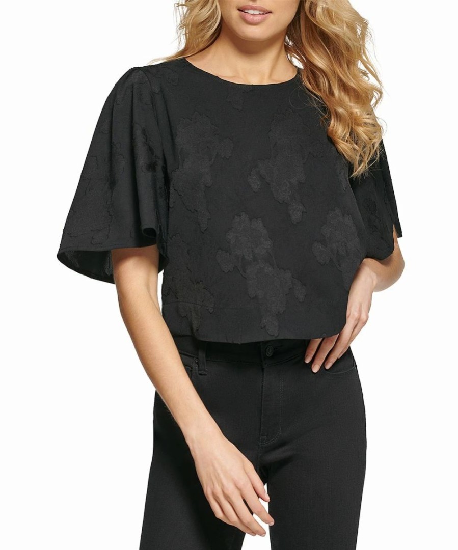 Clothing | * Hot Sale Dkny Black Floral Flutter-Sleeve Crop Top Women