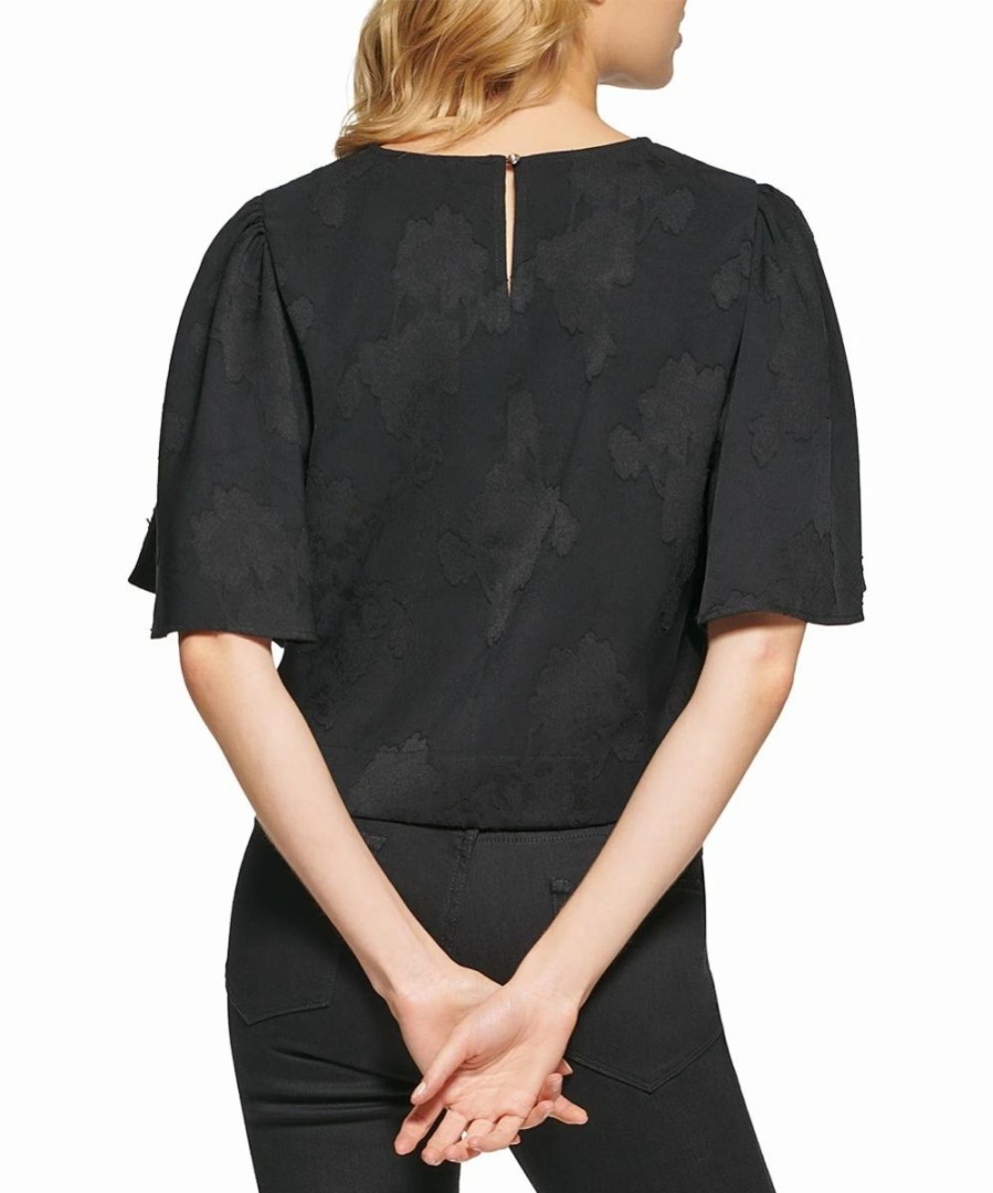 Clothing | * Hot Sale Dkny Black Floral Flutter-Sleeve Crop Top Women