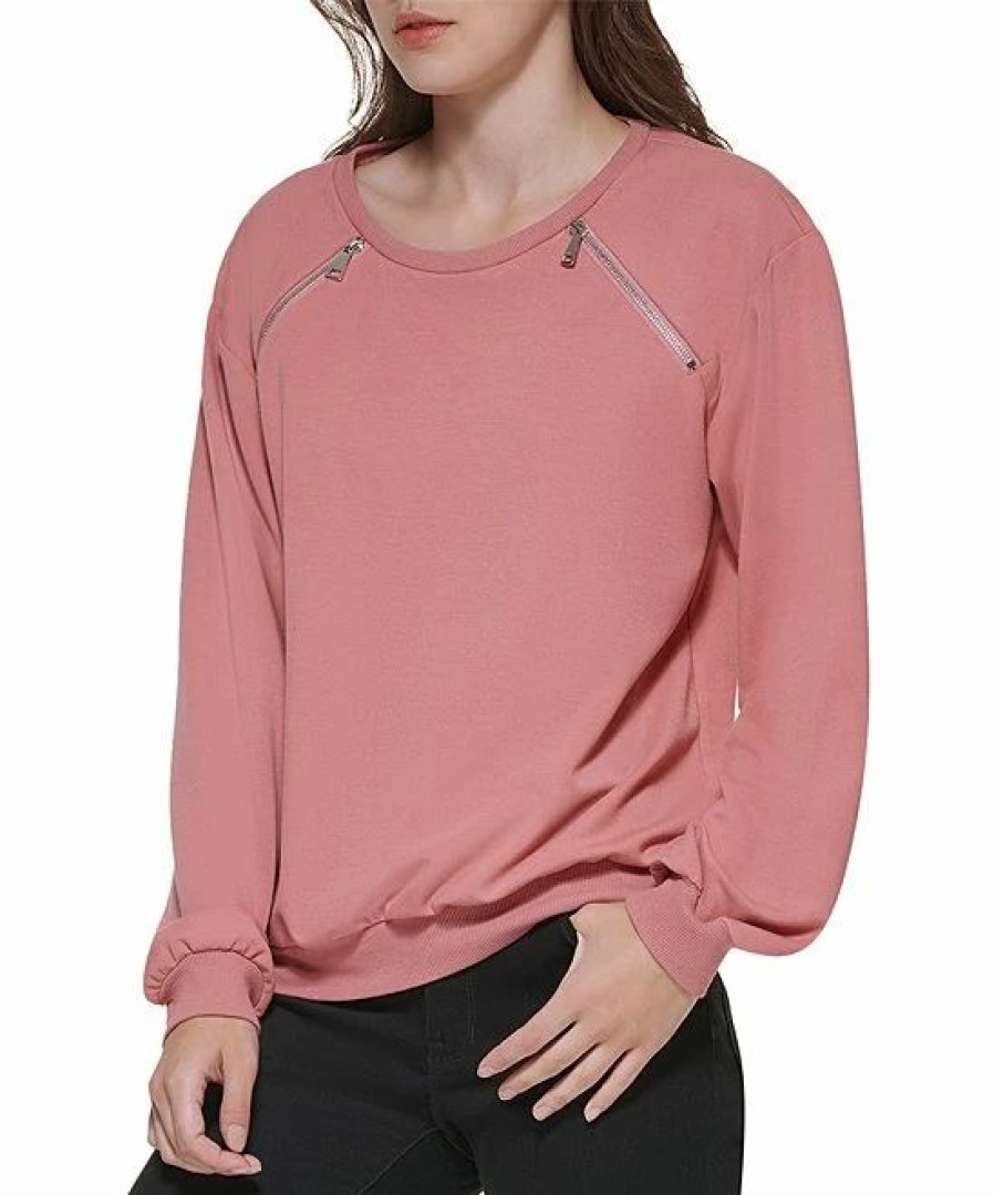 Clothing | * Best Sale Dkny Pink Stitch-Shoulder Zip-Accent Sweatshirt Women