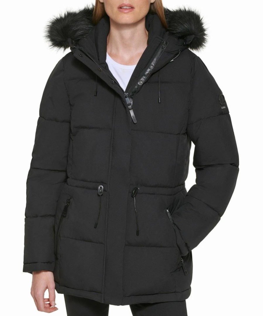 Clothing | * Best Sale Dkny Black Faux Fur-Trim Drawstring-Waist Puffer Coat Petite For Women