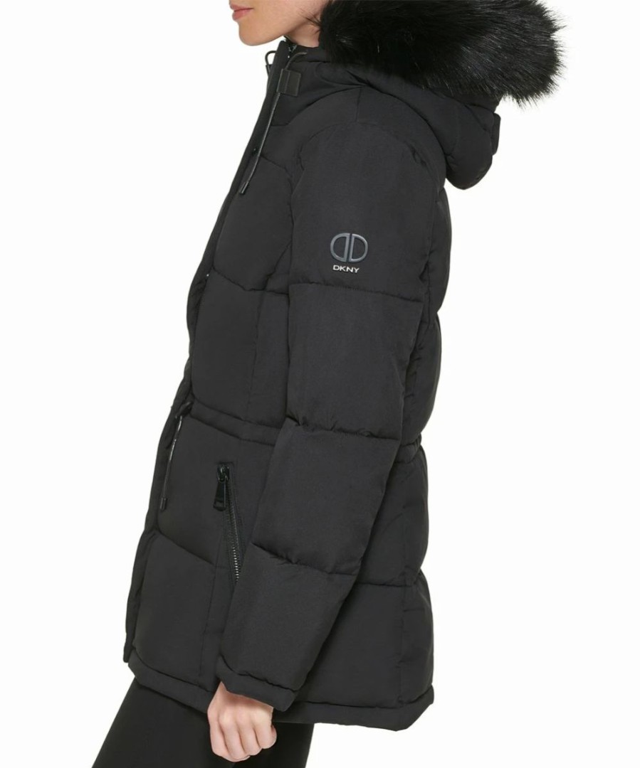 Clothing | * Best Sale Dkny Black Faux Fur-Trim Drawstring-Waist Puffer Coat Petite For Women