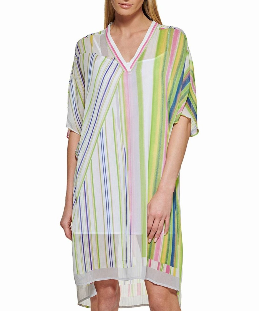 Clothing | * Coupon Dkny White & Pink Stripe V-Neck Shift Dress Women