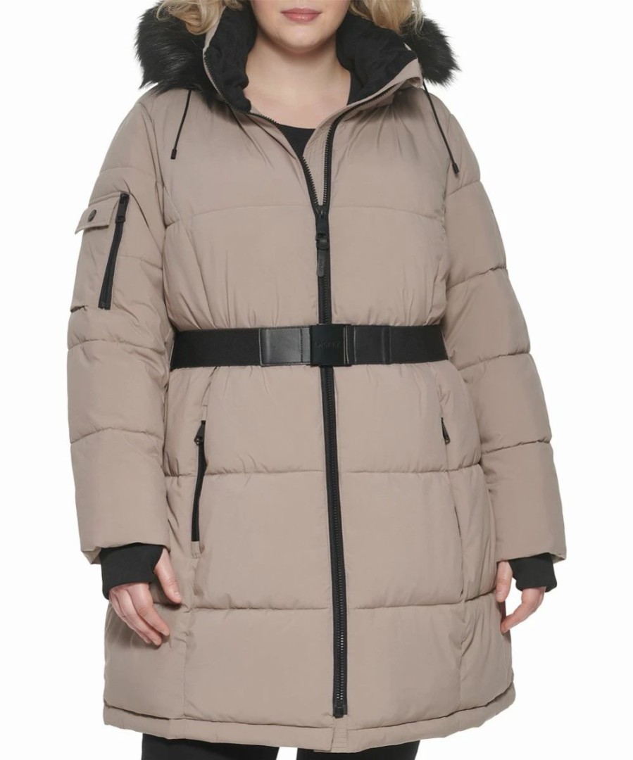 Clothing | * Best Pirce Dkny Thistle Beige & Black Belted Puffer Coat Plus For Women