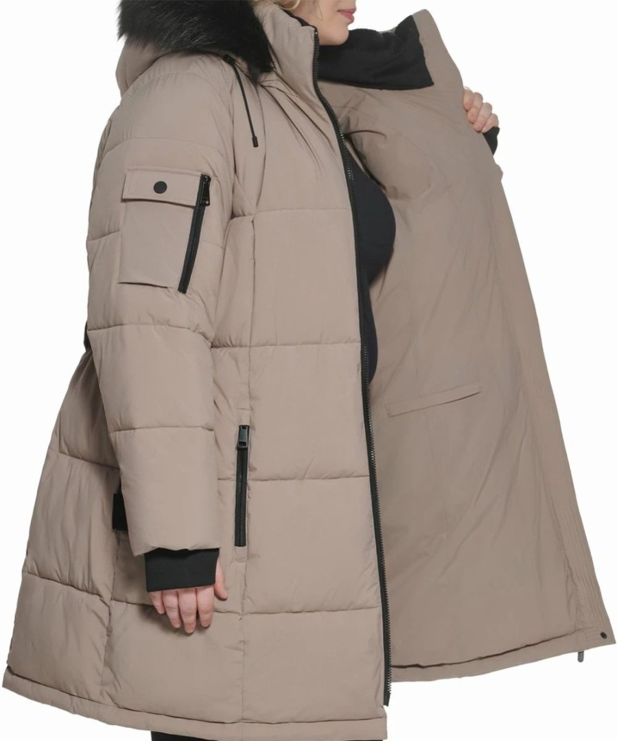 Clothing | * Best Pirce Dkny Thistle Beige & Black Belted Puffer Coat Plus For Women