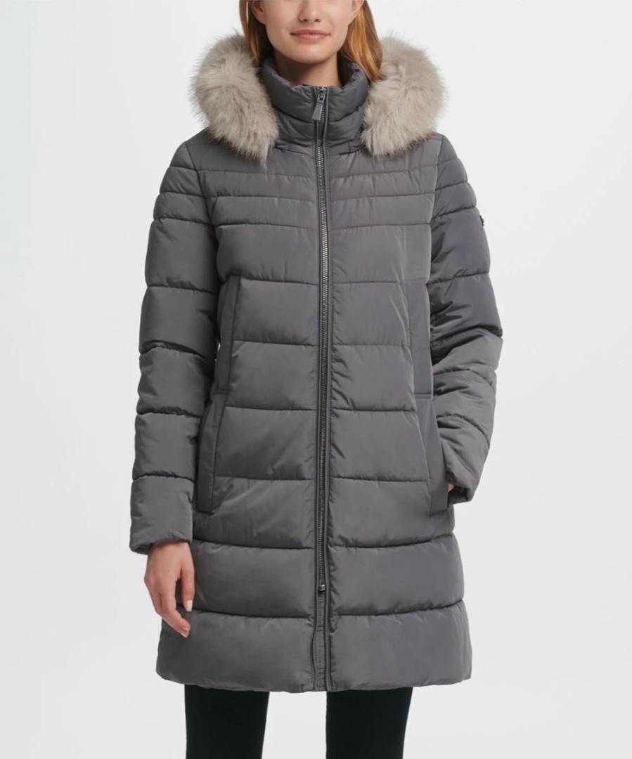 Clothing | * Budget Dkny Charcoal & Gray Furry-Trim Hooded Puffer Coat Petite For Women