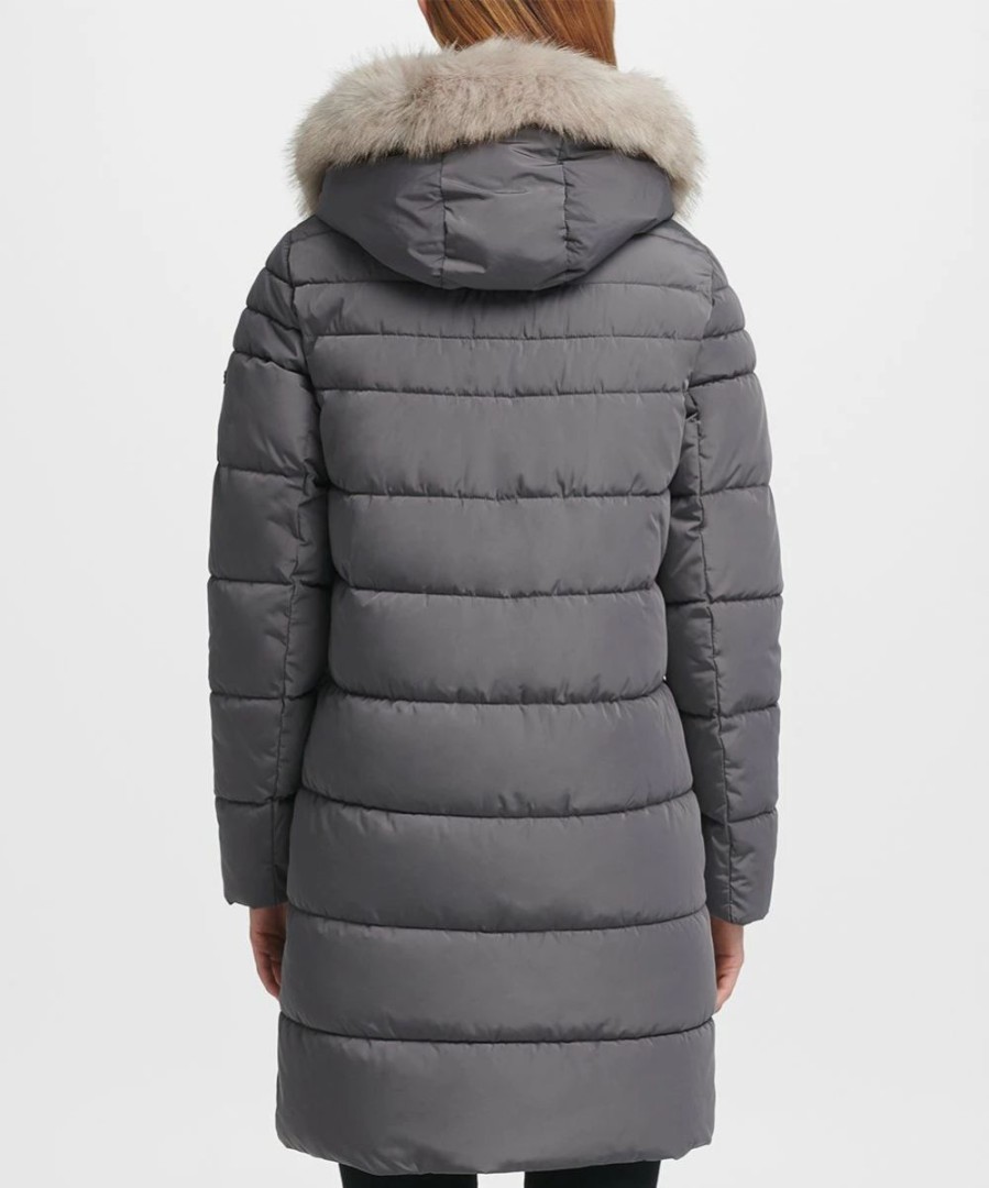 Clothing | * Budget Dkny Charcoal & Gray Furry-Trim Hooded Puffer Coat Petite For Women