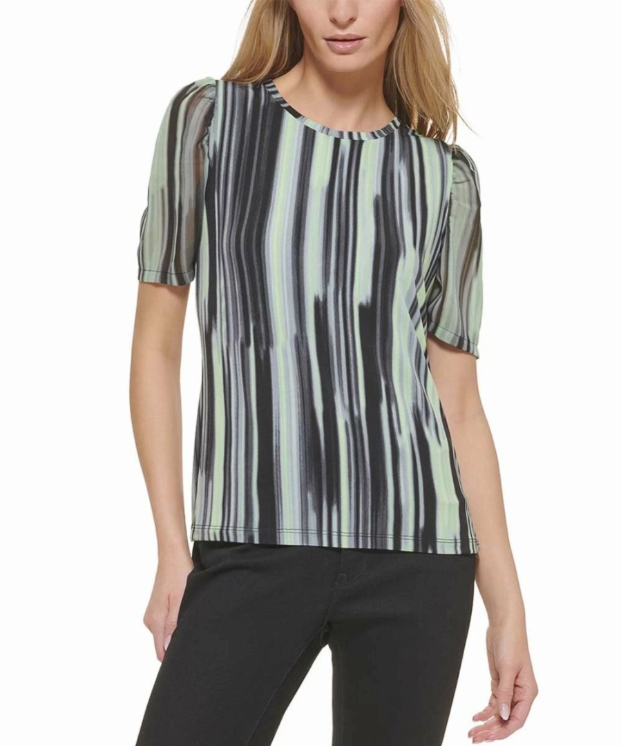 Clothing | * Wholesale Dkny Black & Lazer Green Abstract Stripe Puff-Sleeve Top Women