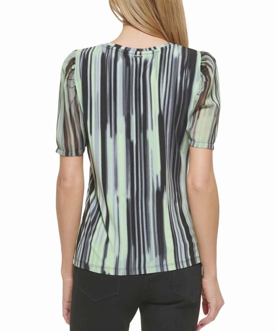 Clothing | * Wholesale Dkny Black & Lazer Green Abstract Stripe Puff-Sleeve Top Women