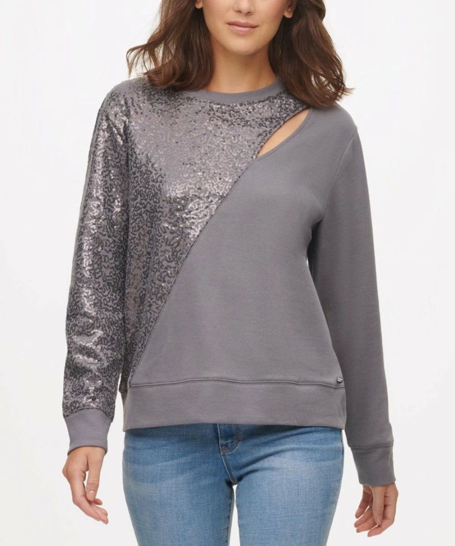 Clothing | * Top 10 Dkny Graphite Sequin Cutout Long-Sleeve Crewneck Sweatshirt Women