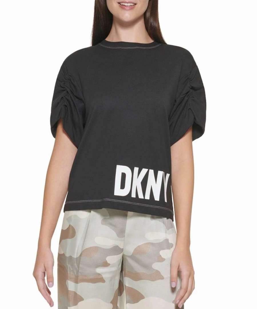 Clothing | * Deals Dkny Black & White Logo Ruched-Sleeve Tee Women