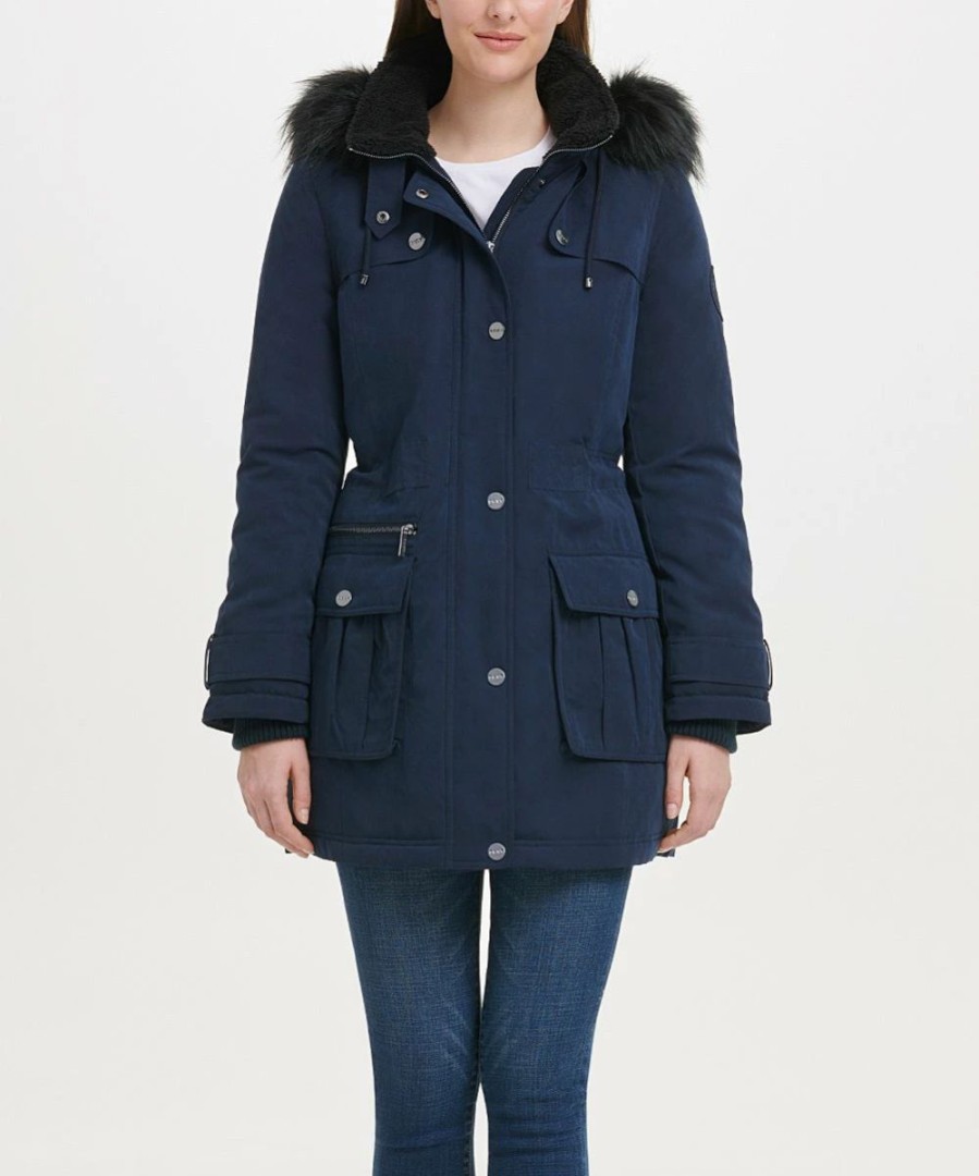 Clothing | * Discount Dkny Navy Faux Fur-Trim Micro-Twill Hooded Parka Women & Juniors