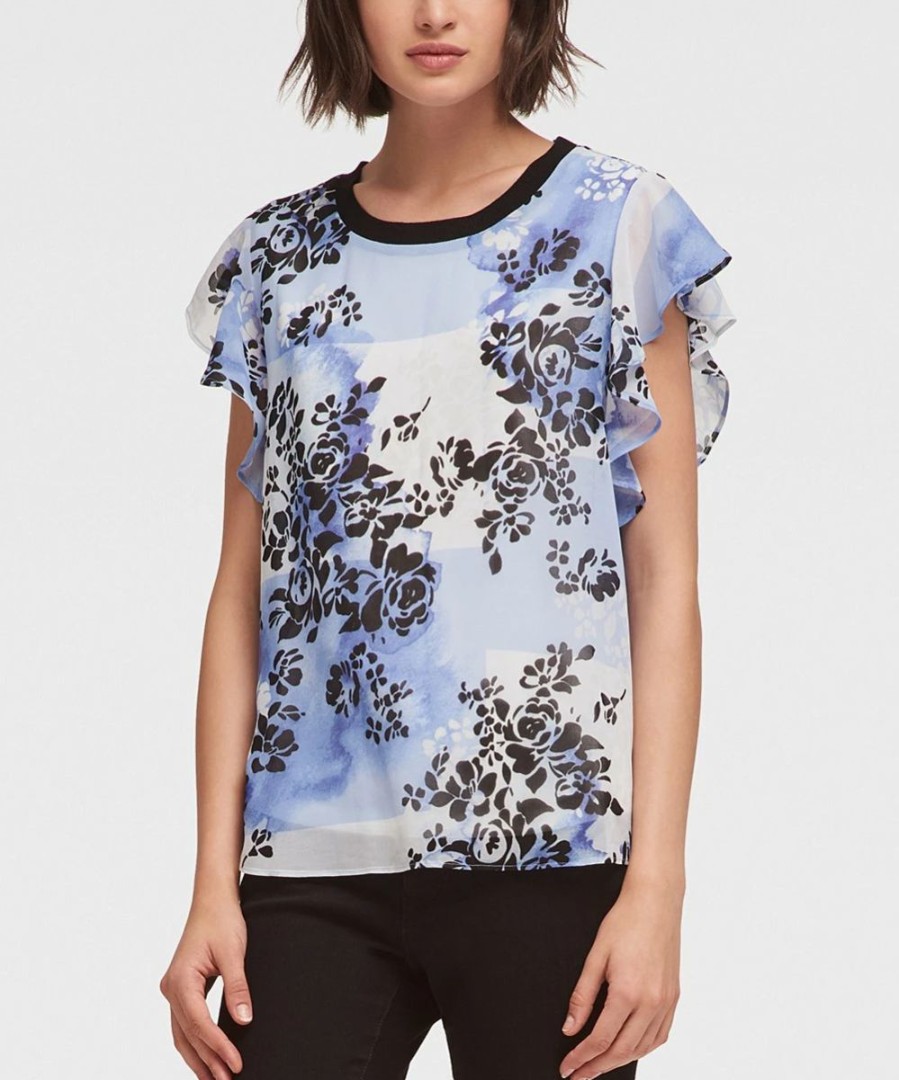 Clothing | * Deals Dkny Blue & Black Floral Flutter-Sleeve Top Women