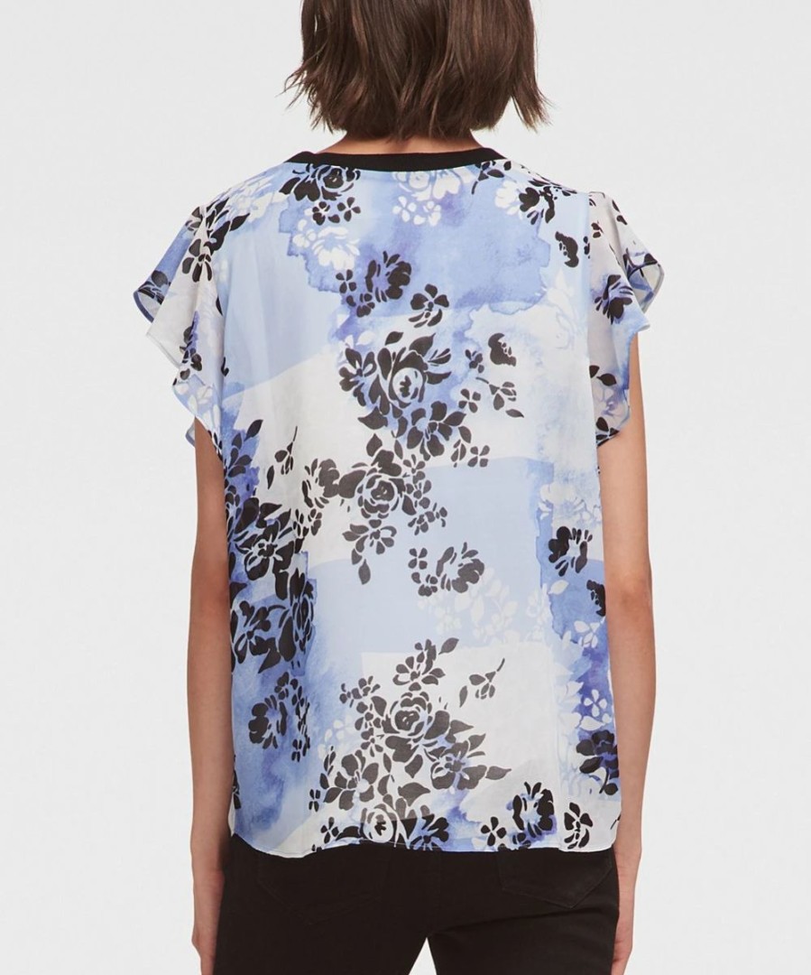 Clothing | * Deals Dkny Blue & Black Floral Flutter-Sleeve Top Women