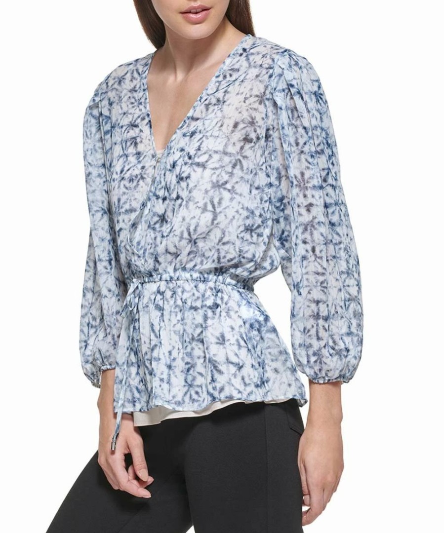 Clothing | * Top 10 Dkny Ivory & Navy Abstract Semisheer Bishop-Sleeve Wrap Top Women