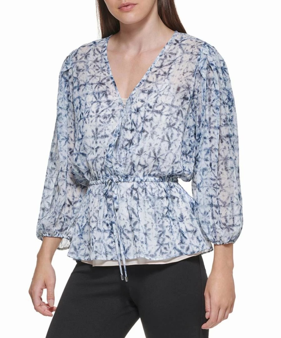 Clothing | * Top 10 Dkny Ivory & Navy Abstract Semisheer Bishop-Sleeve Wrap Top Women