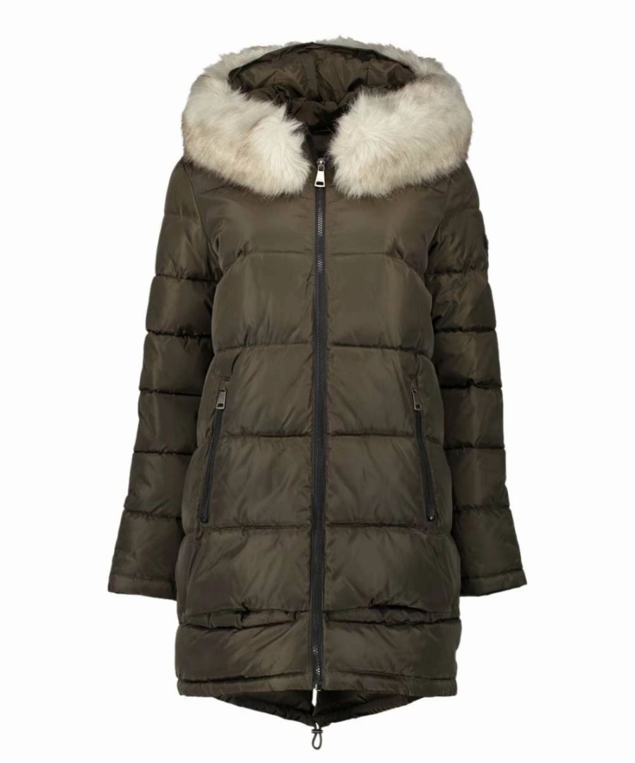 Clothing | * Best Deal Dkny Loden Green & White Faux Fur-Trim Hooded Puffer Coat Women