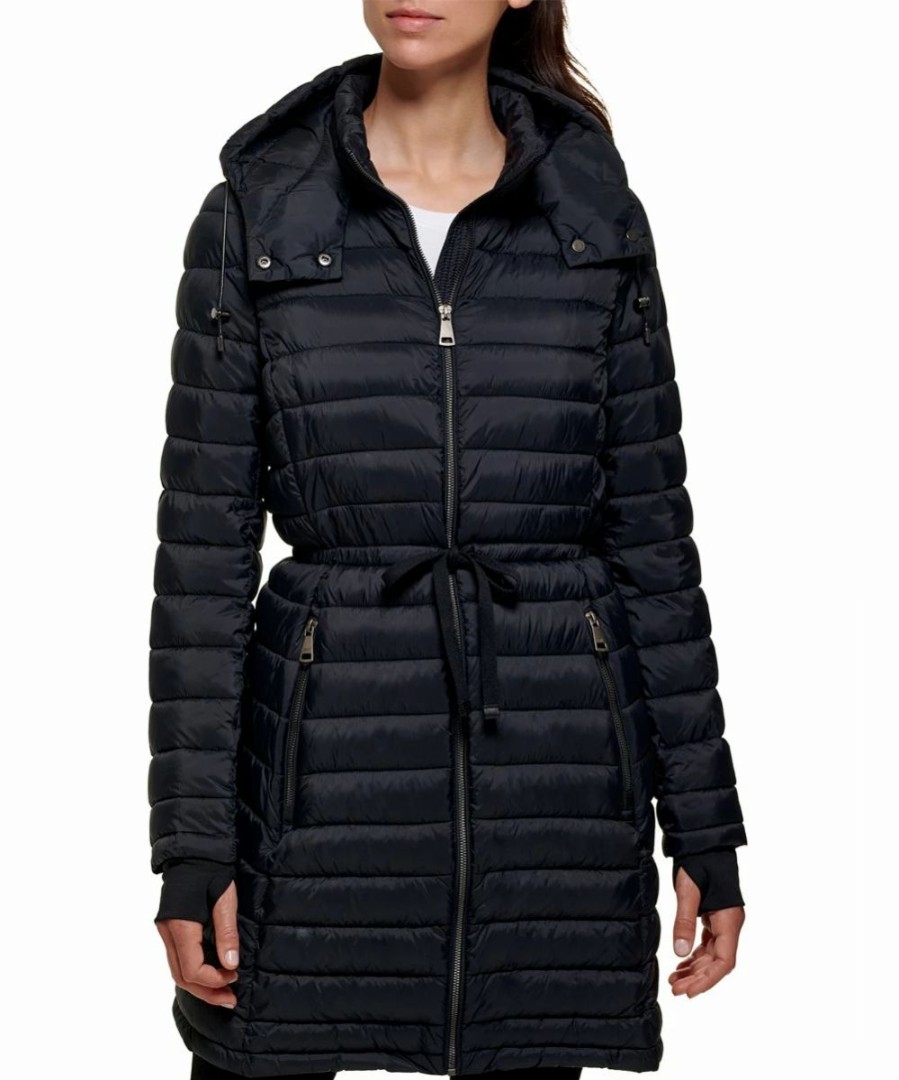 Clothing | * Top 10 Dkny Black Cuff-Accent Belted Packable Puffer Coat Women