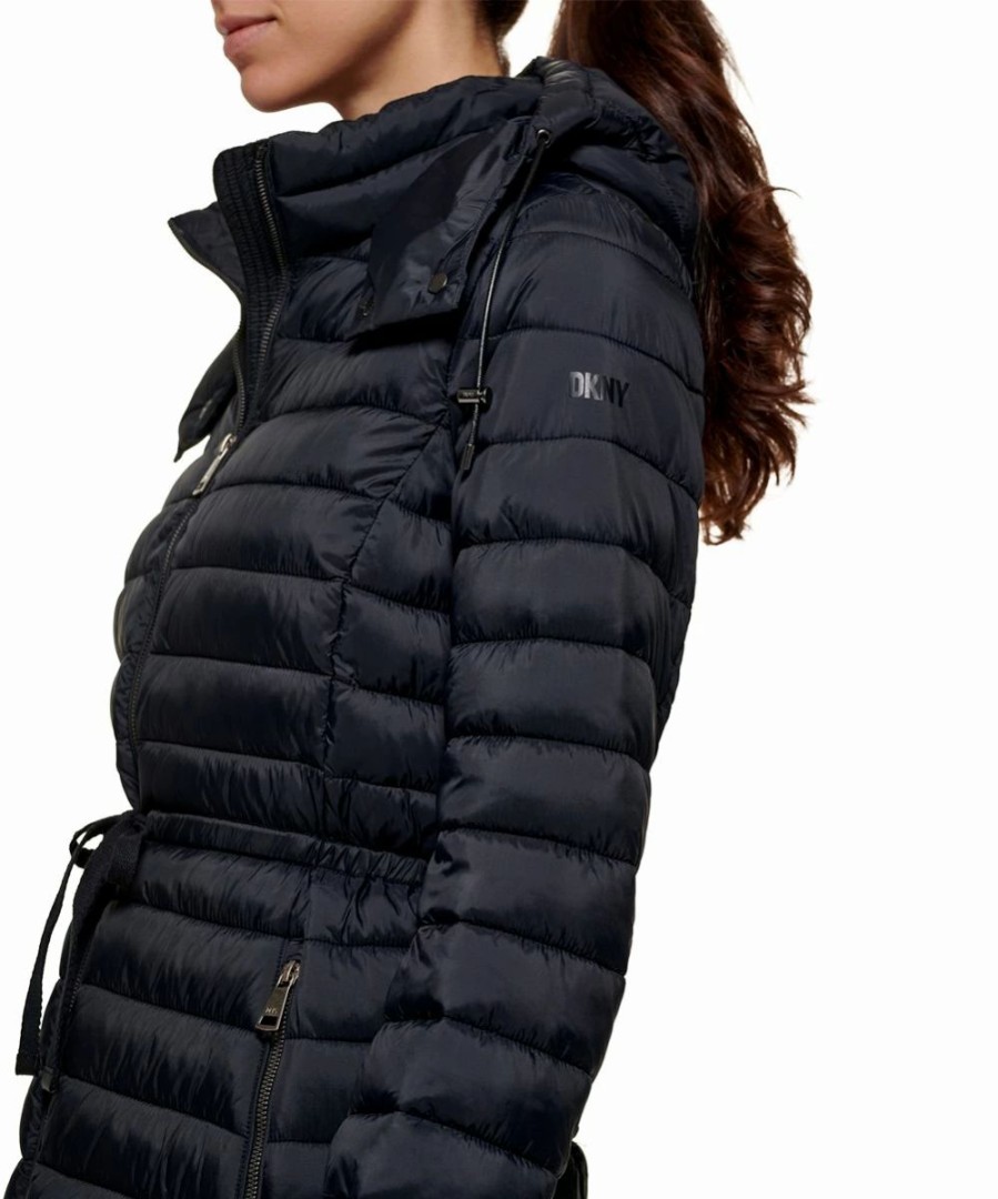 Clothing | * Top 10 Dkny Black Cuff-Accent Belted Packable Puffer Coat Women