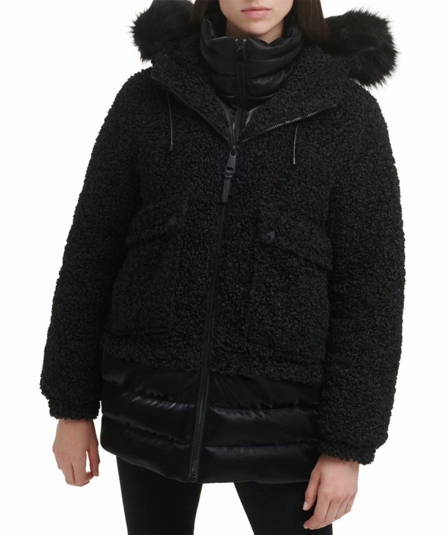 Clothing | * Buy Dkny Black Hooded Teddy Puffer Coat Women & Juniors