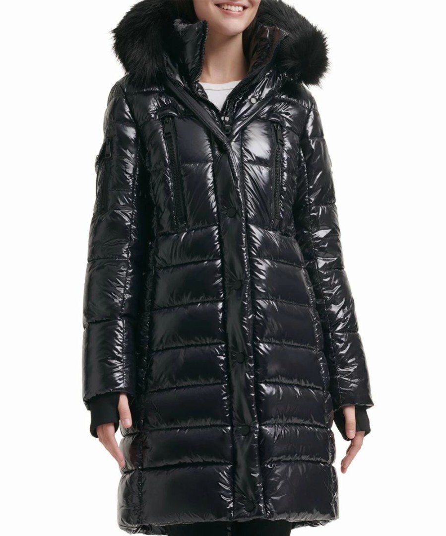 Clothing | * Cheap Dkny Black Faux Fur-Trim Hooded Button-Up Puffer Coat Women, Juniors & Petite