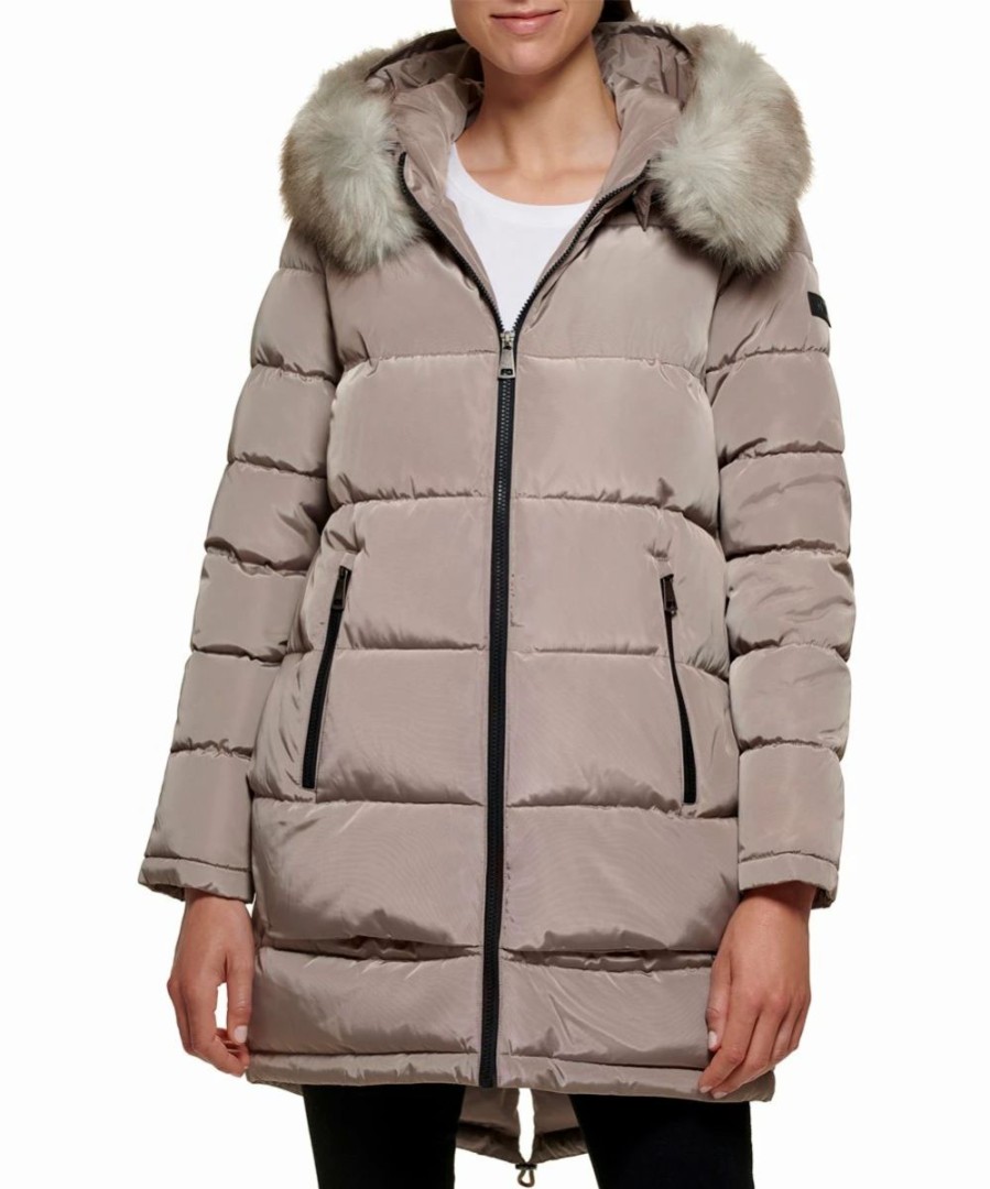 Clothing | * Best Sale Dkny Thistle Beige Faux Fur-Trim Hooded Puffer Coat Women