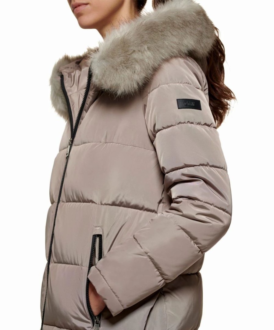 Clothing | * Best Sale Dkny Thistle Beige Faux Fur-Trim Hooded Puffer Coat Women