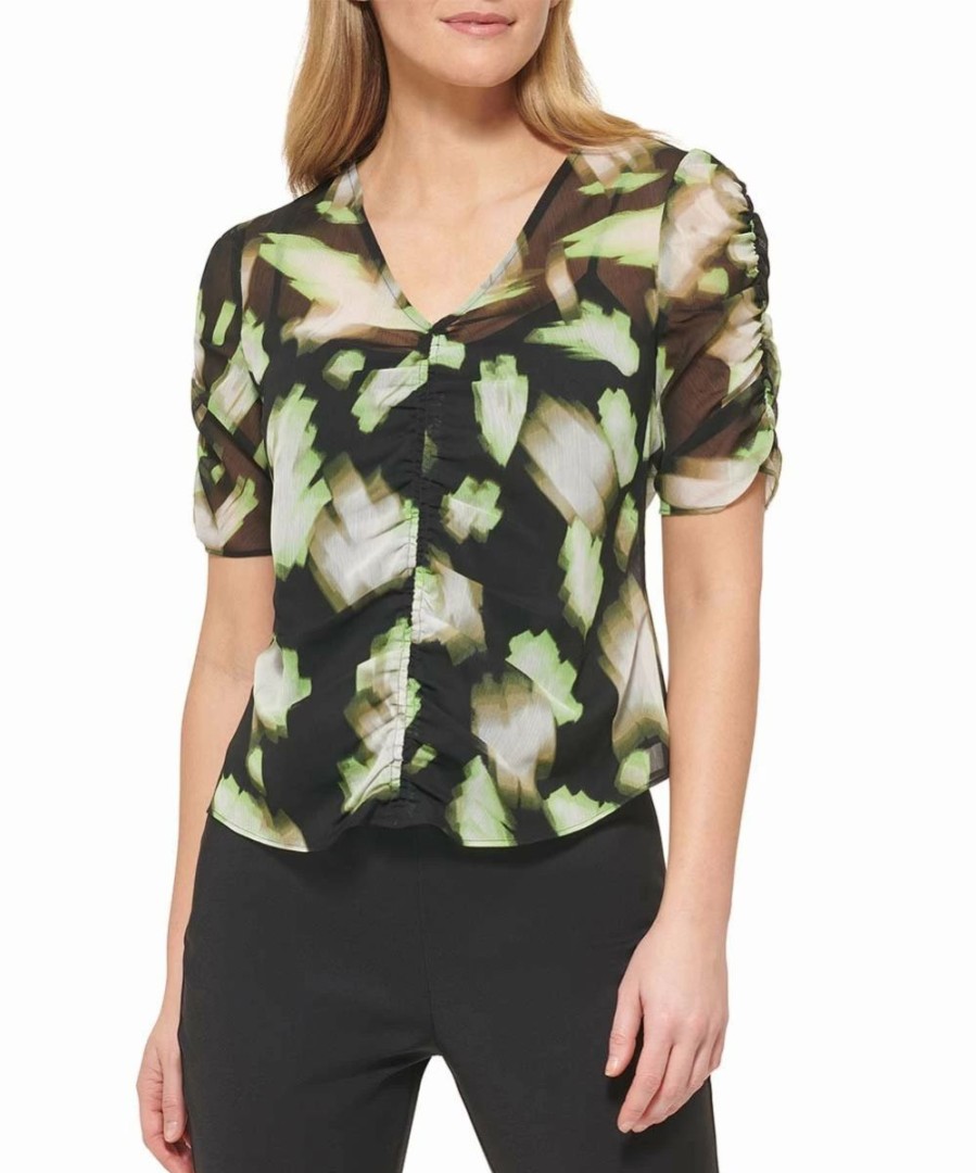 Other | * Outlet Dkny Black & Lazer Green Abstract Ruched-Front Short-Sleeve Top Women For Other