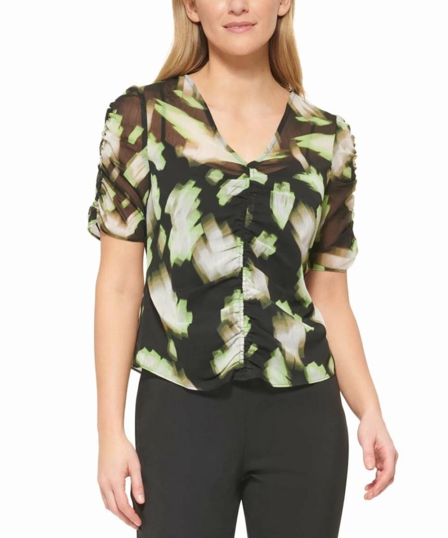 Other | * Outlet Dkny Black & Lazer Green Abstract Ruched-Front Short-Sleeve Top Women For Other