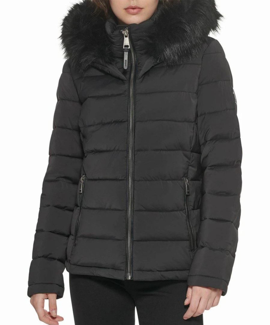 Clothing | * Best Sale Dkny Black Faux Fur-Trim Fitted Puffer Jacket Women & Juniors