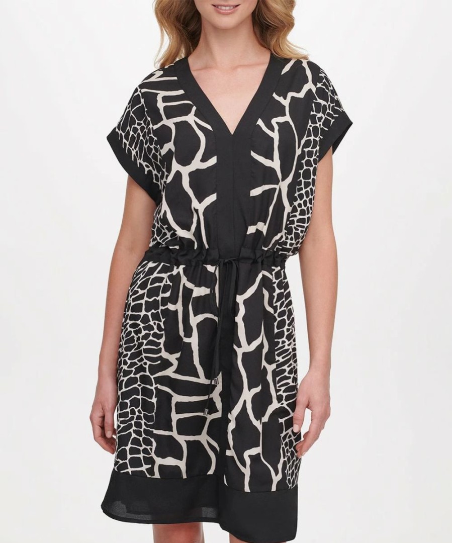 Clothing | * Wholesale Dkny Black & White Abstract V-Neck Cap-Sleeve Dress Women