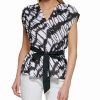 Clothing | * Deals Dkny White & Black Abstract Tie-Waist Cap-Sleeve V-Neck Top Women