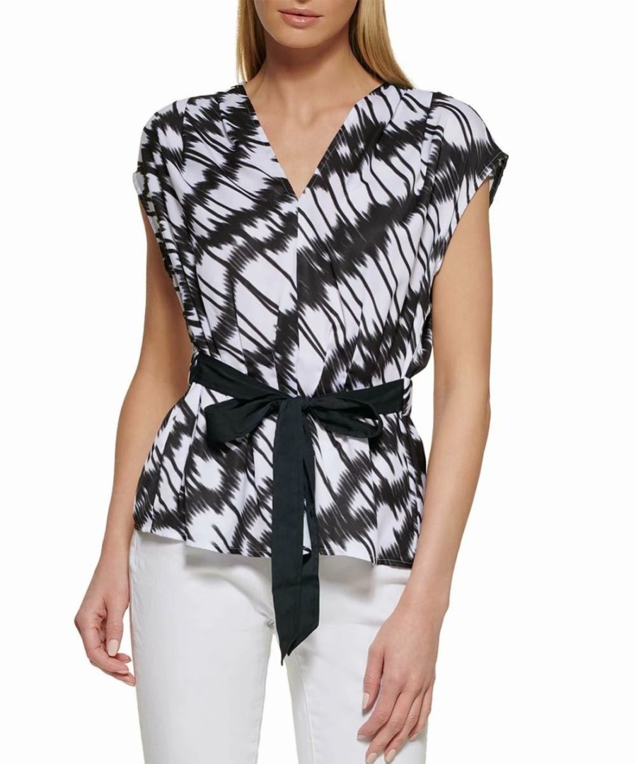 Clothing | * Deals Dkny White & Black Abstract Tie-Waist Cap-Sleeve V-Neck Top Women