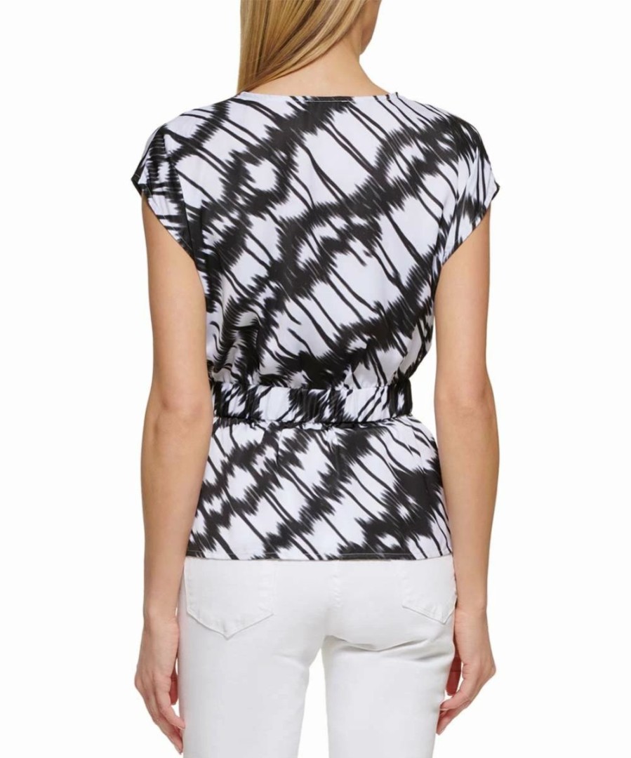 Clothing | * Deals Dkny White & Black Abstract Tie-Waist Cap-Sleeve V-Neck Top Women