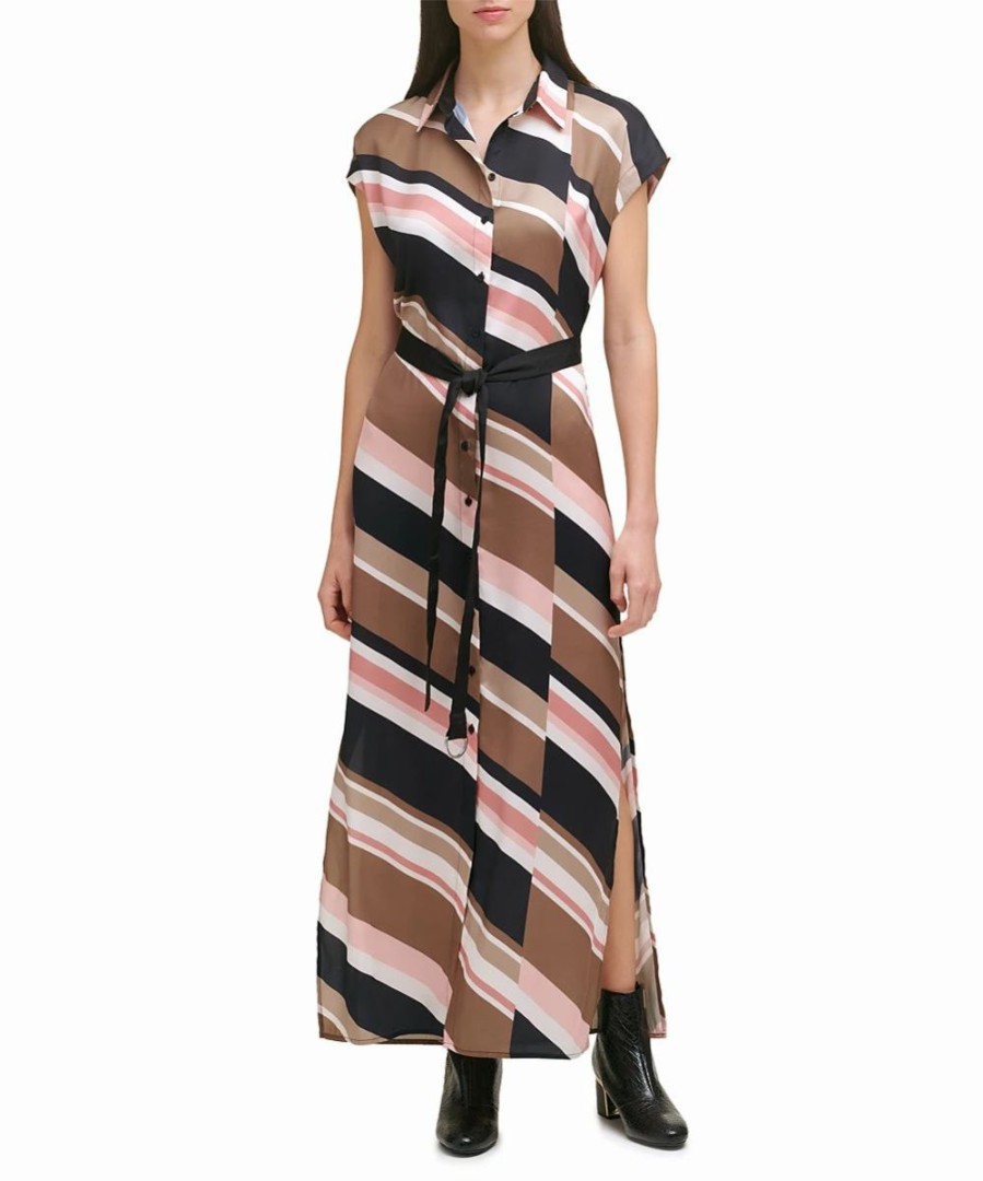 Clothing | * Deals Dkny Caper & Pink Stripe Tie-Waist Shirt Dress Women