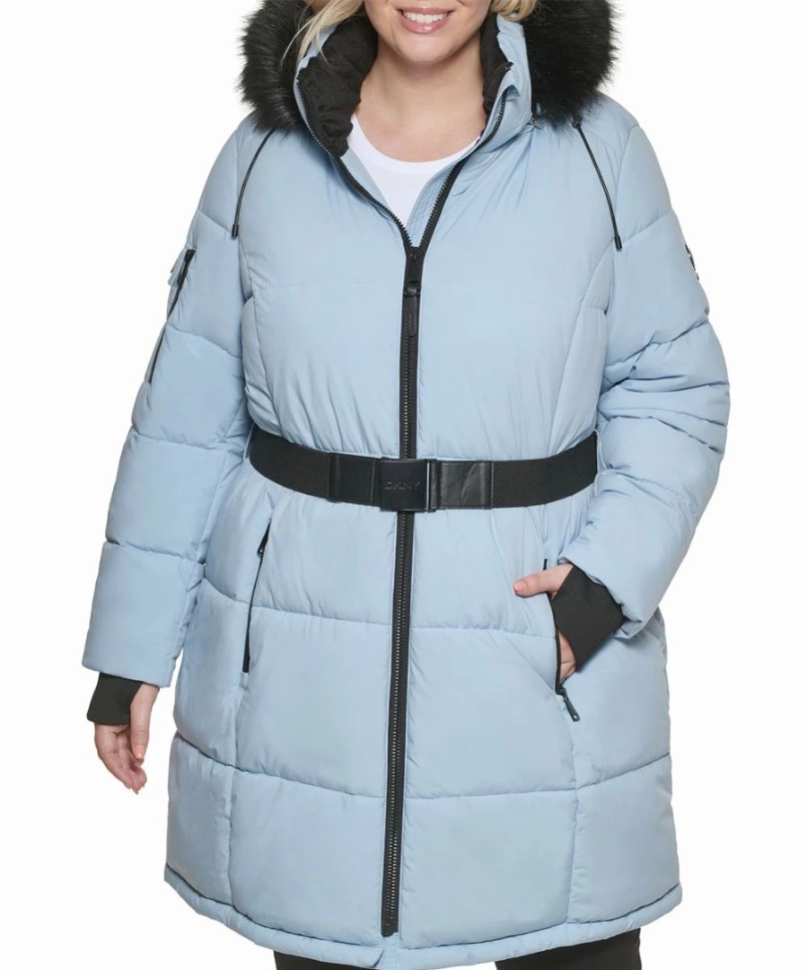 Clothing | * Wholesale Dkny Blue Fog & Black Belted Puffer Coat Plus For Women