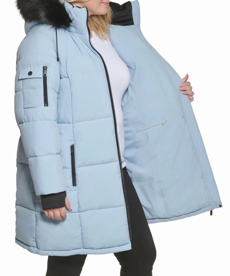 Clothing | * Wholesale Dkny Blue Fog & Black Belted Puffer Coat Plus For Women