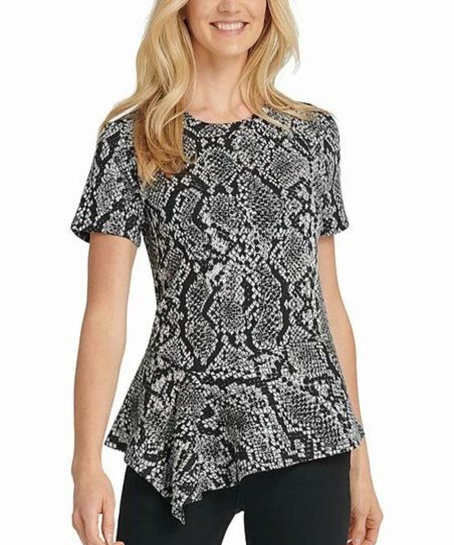 Clothing | * Wholesale Dkny Gray & Black Snake Print Crewneck Asymmetric Peplum Top Women