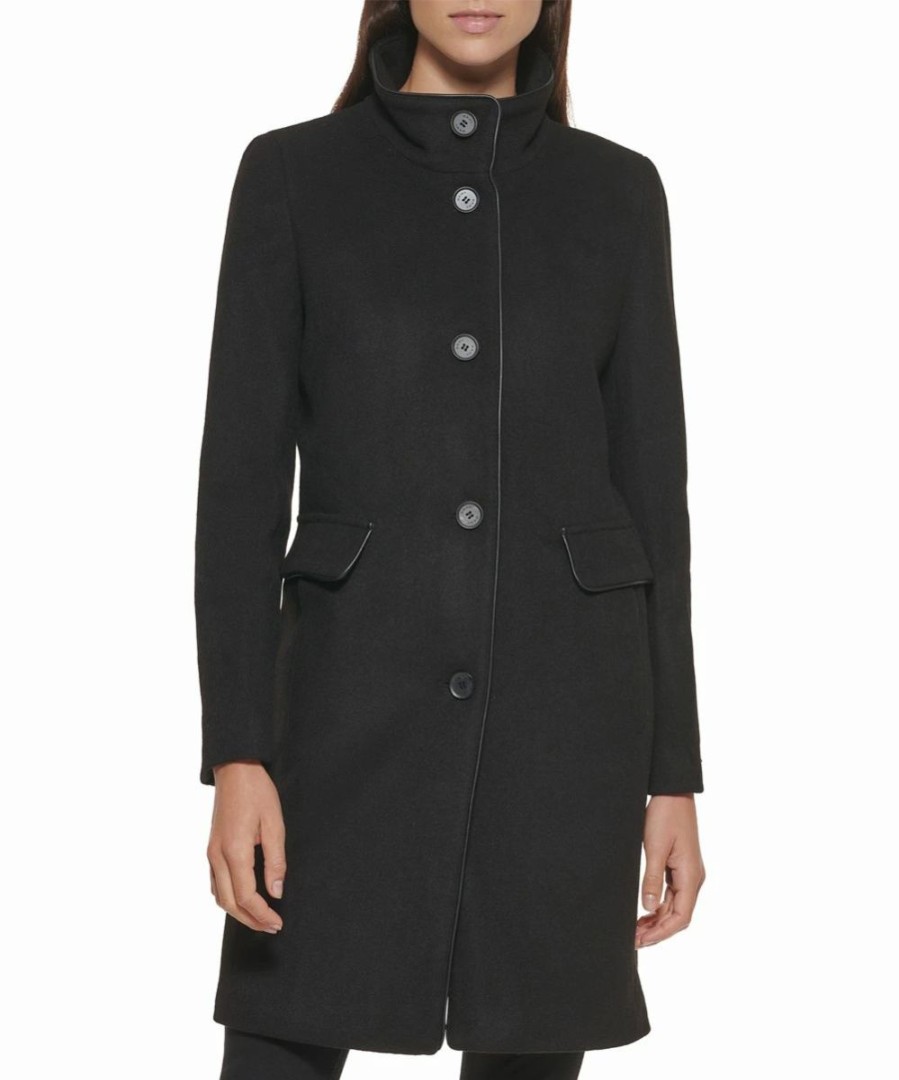 Clothing | * Best Deal Dkny Black Mock Neck Wool-Blend Button-Up Coat Women & Juniors