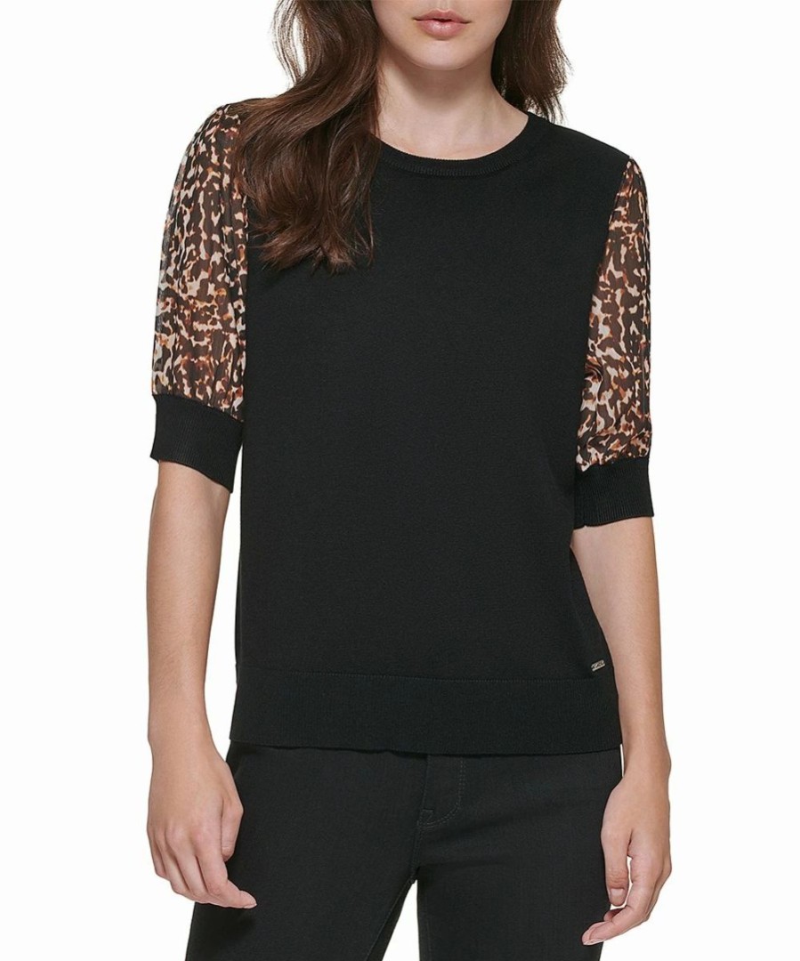 Clothing | * Coupon Dkny Black & Brown Abstract Contrast-Sleeve Crewneck Top Women